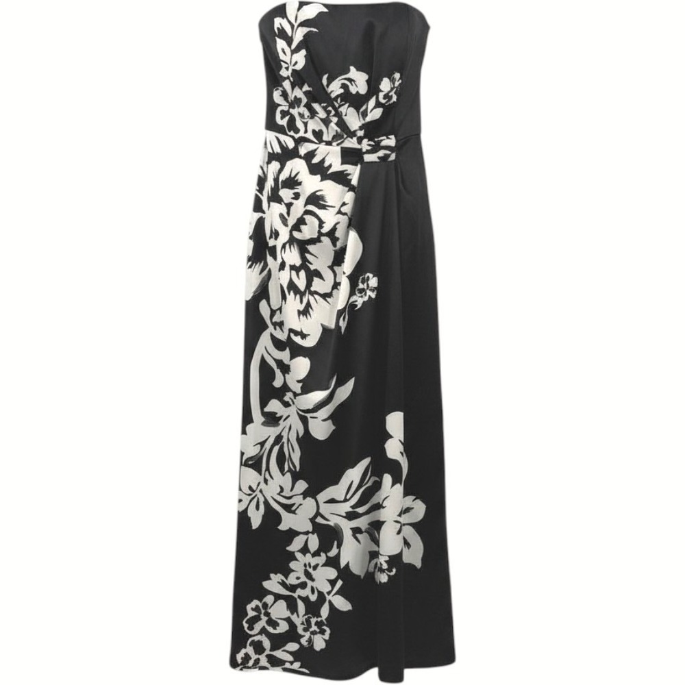 White House Black Market Gown Women 0 Black Floral Strapless‎ Satin Formal Dress